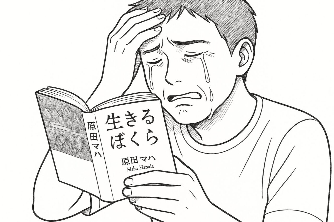 『生きるぼくら』(原田マハ)を読みながら静かに涙を流す男性の線画。心に響く物語に感情があふれている様子を描いたモノクロイラスト。
