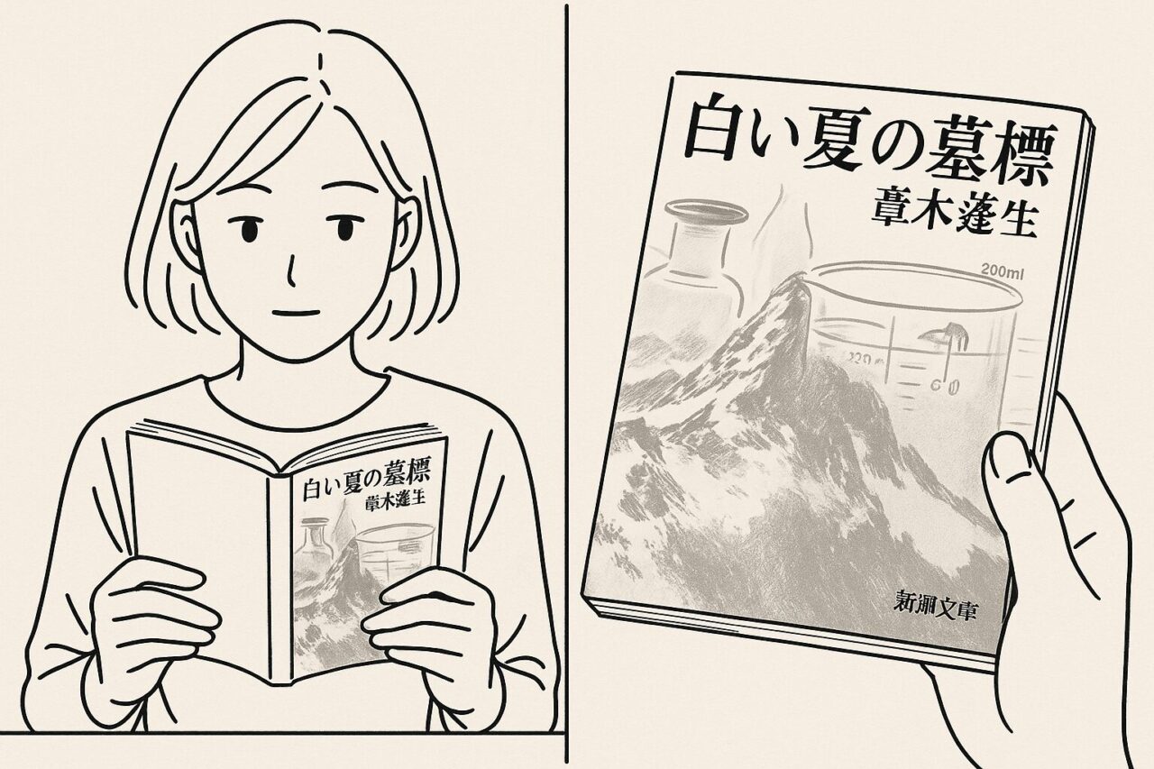 線画スタイルの2コマイラスト。左のコマでは女性が帚木蓬生の小説『白い夏の墓標』を静かに読んでおり、右のコマでは本の表紙がアップで描かれている。雪山と理化学器具が印象的なカバーが特徴的。